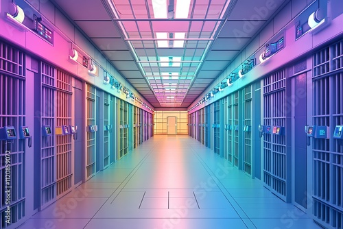 Futuristic data center hallway with vibrant colored lighting and modern design.