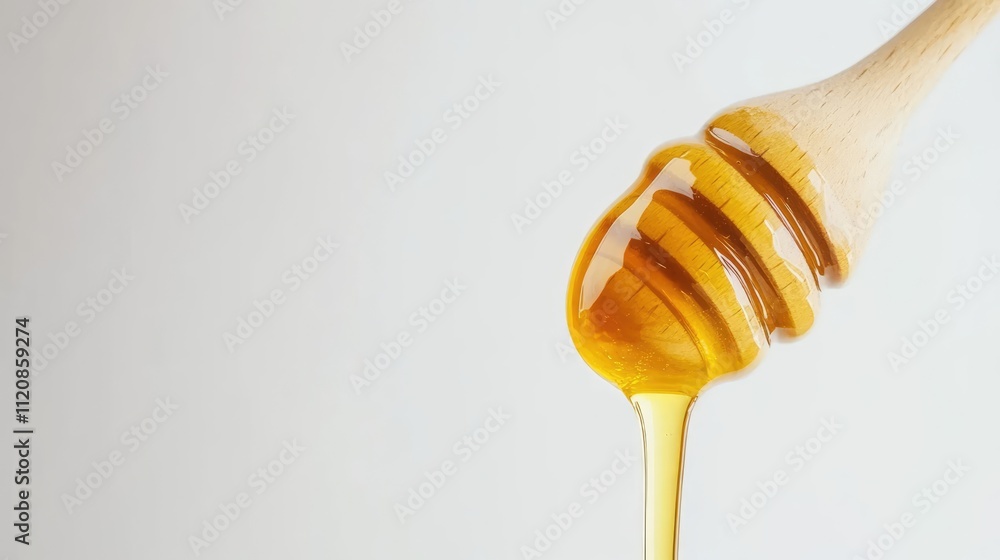 Honey dripping from a wooden dipper into a spoon on a clean white background creating a natural and delicious culinary scene Honey dripping from a wooden dipper into a spoon on a clean white background creating a natural and delicious culinary scene