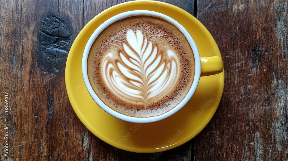 Aerial view of a latte art coffee cup on a bright yellow saucer against a rustic wooden table background Aerial view of a latte art coffee cup on a bright yellow saucer against a rustic wooden table background