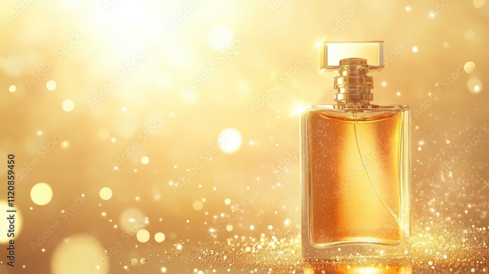 Elegant women's perfume in sunlit glass bottle against golden bokeh background perfect for luxury fragrance advertising and branding Elegant women's perfume in sunlit glass bottle against golden bokeh background perfect for luxury fragrance advertising and branding