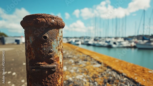 Rusty vintage marina bollard positioned in a waterfront setting, with blurred boats and yachts in the background, reflecting nautical history, marine, maritime, mooring, rustic charm.