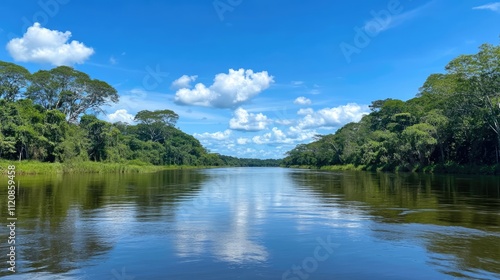 Serene river landscape with lush green banks under a vibrant blue sky and fluffy white clouds reflections on calm water surface