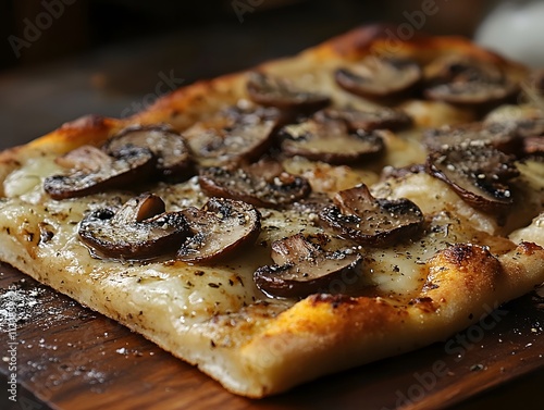 Freshly baked truffle or mushroom pizza on a wooden plate looks delicious, warm, luxurious and tempting. It is suitable for promoting restaurants or food products in advertising and social media. photo