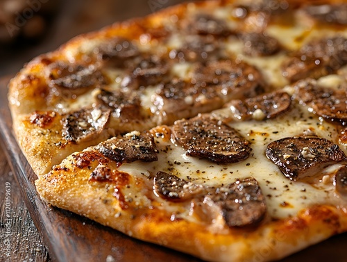 Freshly baked truffle or mushroom pizza on a wooden plate looks delicious, warm, luxurious and tempting. It is suitable for promoting restaurants or food products in advertising and social media. photo