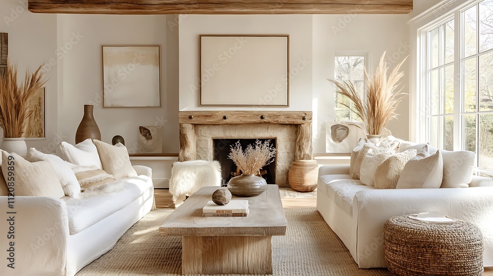 Fototapeta premium A farmhouse-inspired living room with rustic wooden beams, a large stone fireplace, neutral furniture with cozy textured throws, vintage decor elements, and a warm inviting glow, cinematic detail,