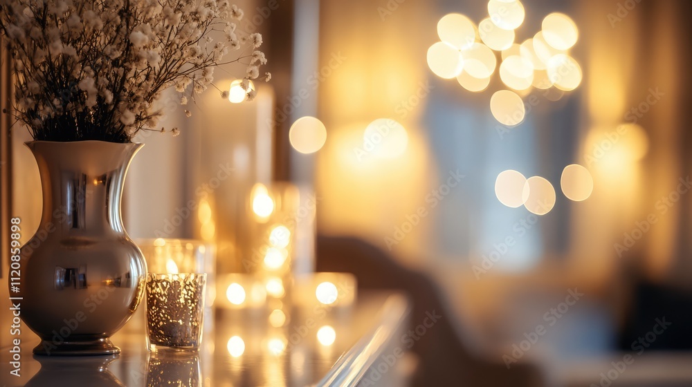 Fototapeta premium Elegant home interior with soft lighting and decorative elements creating a cozy atmosphere and warm ambiance in a blurred background setting