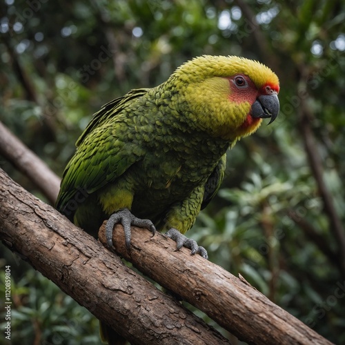 A rare Kākāpō climbing on a simple wooden perch.

