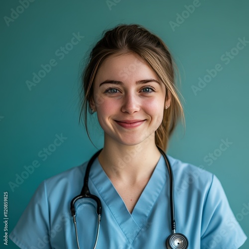 Close-up of a young female nurse or medical professional smiling warmly, wearing light blue scrubs and a stethoscope, against a plain blue background. Her friendly expression creates a welcoming and