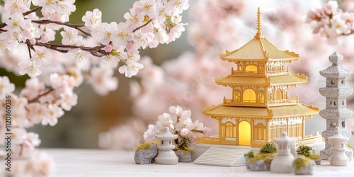 Golden Pagoda Under Cherry ...