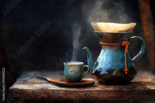 Wallpaper Mural Rustic ceramic pour-over coffee maker with steaming cup on a wooden table in a cozy setting Torontodigital.ca