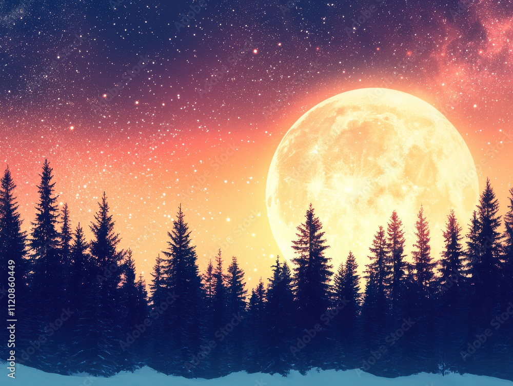 Naklejka premium radiant moon illuminates starry sky over tranquil forest, creating serene and magical atmosphere. vibrant colors of dusk enhance beauty of nature