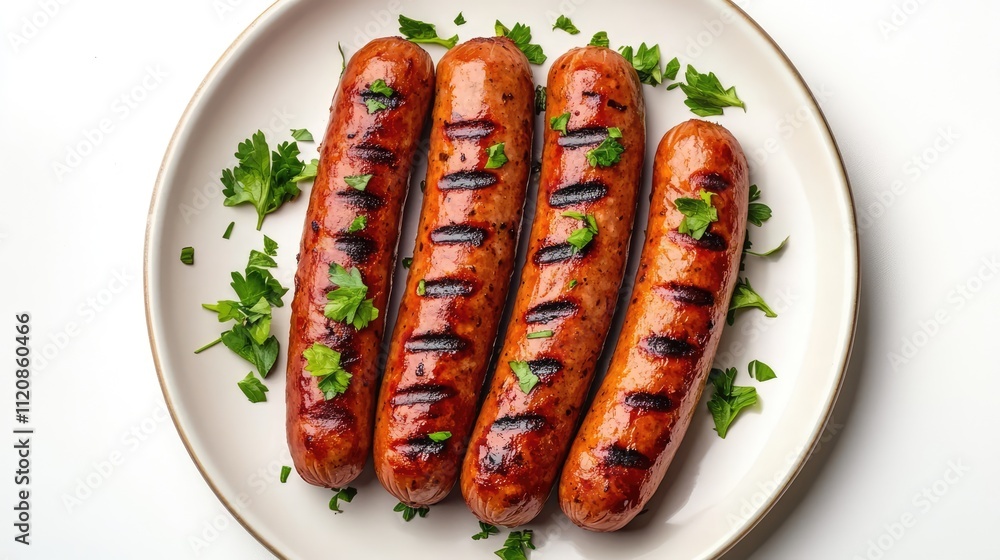 Grilled sausages garnished with fresh herbs displayed on a plate showcasing their delicious grill marks from a top view perspective. Grilled sausages garnished with fresh herbs displayed on a plate showcasing their delicious grill marks from a top view perspective.