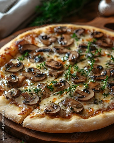 Freshly baked truffle or mushroom pizza on a wooden plate looks delicious, warm, luxurious and tempting. It is suitable for promoting restaurants or food products in advertising and social media. photo