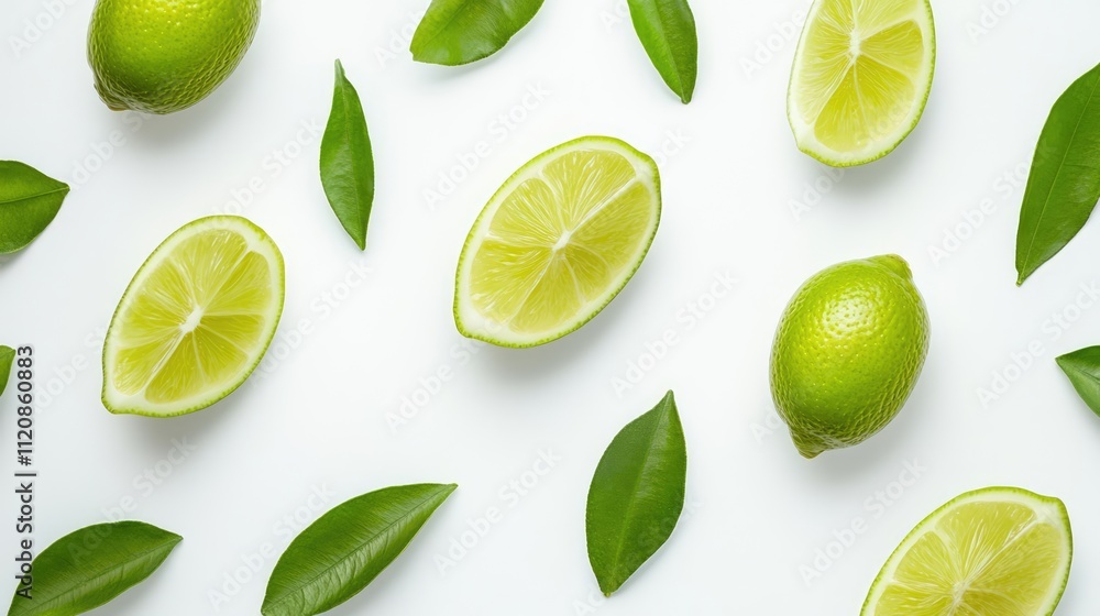Fresh green limes and lime slices arranged on a clean white background with green leaves for a vibrant food concept