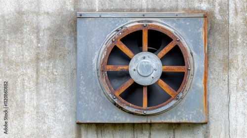 Rustic metal ventilation fan mounted on a concrete wall showcasing industrial design and weathered textures for urban aesthetics.