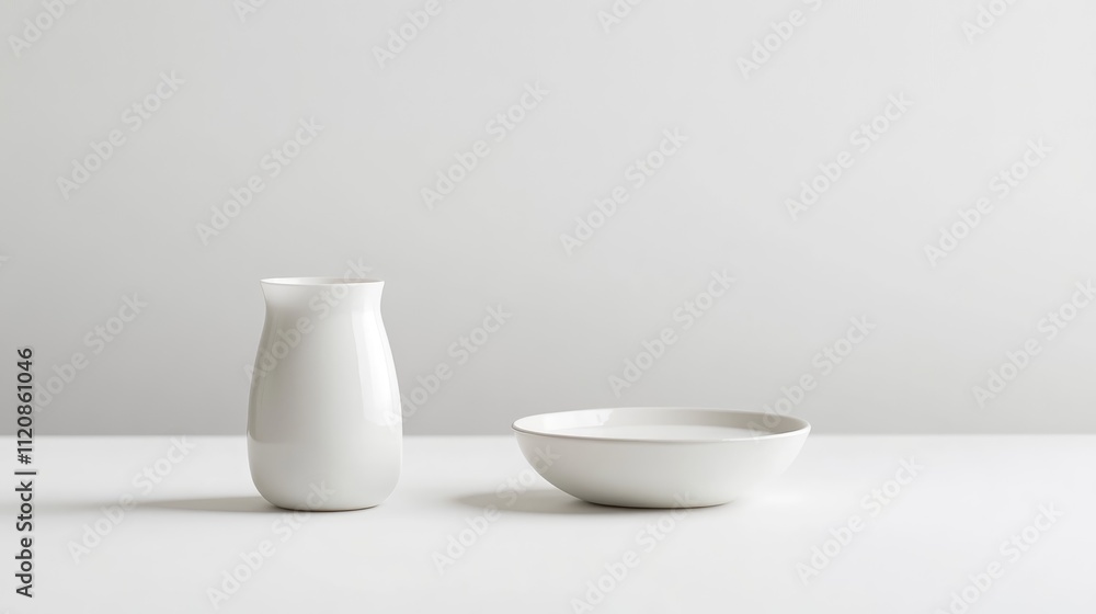 Milk in a minimalist setting featuring a white container and a plate on a simple backdrop ideal for food and beverage advertising. Milk in a minimalist setting featuring a white container and a plate on a simple backdrop ideal for food and beverage advertising.