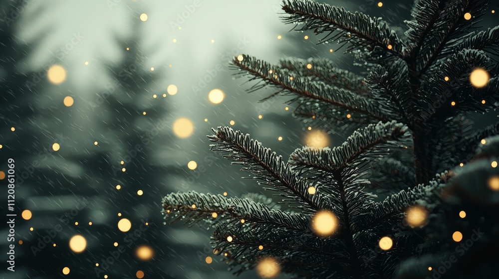 Enchanting Winter Wonderland Snow-Covered Pine Branches with Magical Lights Enchanting Winter Wonderland Snow-Covered Pine Branches with Magical Lights