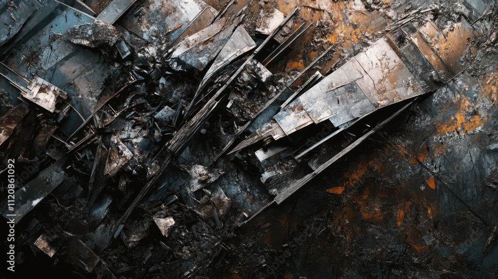 Abstract aerial view of rusty metal debris displaying intricate textures and colors suitable for industrial or artistic backgrounds Abstract aerial view of rusty metal debris displaying intricate textures and colors suitable for industrial or artistic backgrounds