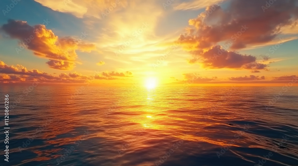 Serene Sunset Over Ocean with Vibrant Clouds and Golden Light Reflecting on Calm Waters in Summer Coastal Landscape Serene Sunset Over Ocean with Vibrant Clouds and Golden Light Reflecting on Calm Waters in Summer Coastal Landscape