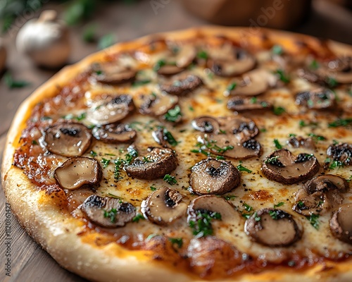 Freshly baked truffle or mushroom pizza on a wooden plate looks delicious, warm, luxurious and tempting. It is suitable for promoting restaurants or food products in advertising and social media. photo