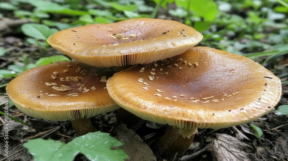 Mushrooms thriving on forest floor surrounded by lush green foliage in natural habitat Mushrooms thriving on forest floor surrounded by lush green foliage in natural habitat