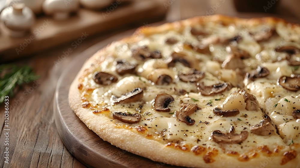 Freshly baked truffle or mushroom pizza on a wooden plate looks delicious, warm, luxurious and tempting. It is suitable for promoting restaurants or food products in advertising and social media. Freshly baked truffle or mushroom pizza on a wooden plate looks delicious, warm, luxurious and tempting. It is suitable for promoting restaurants or food products in advertising and social media.