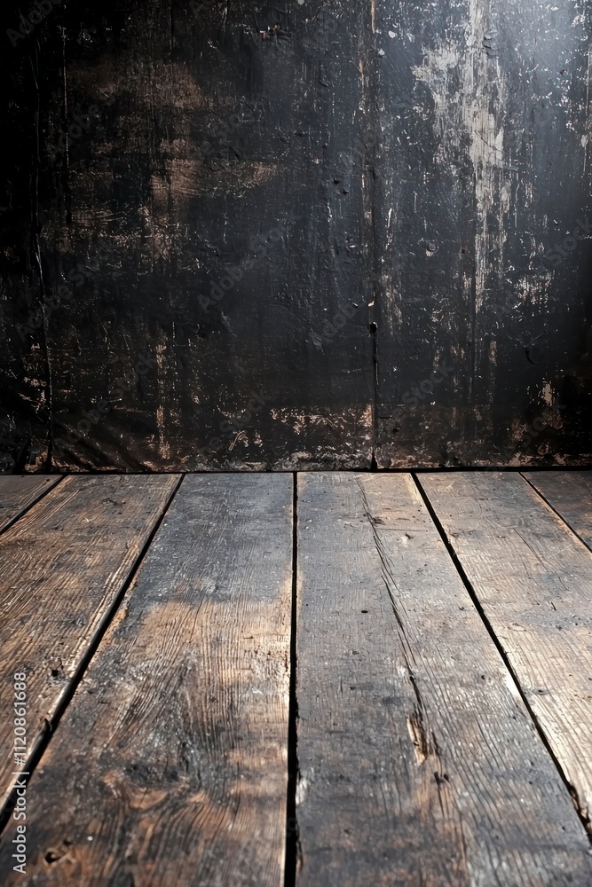 Rustic wooden floor against a dark weathered wall for product display Rustic wooden floor against a dark weathered wall for product display