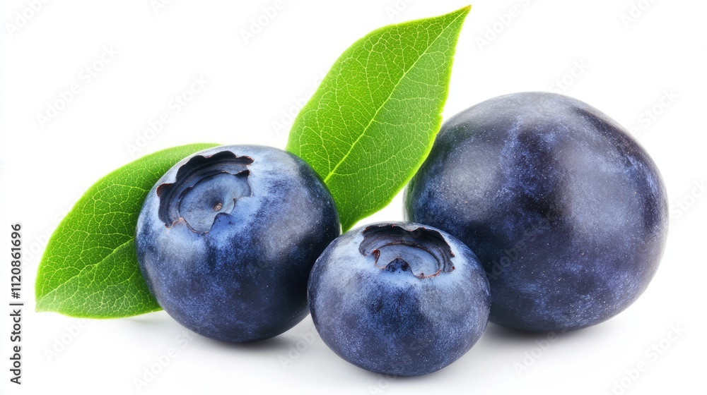 Fresh blueberries with green leaves isolated on white background showcasing their vibrant color and natural texture. Fresh blueberries with green leaves isolated on white background showcasing their vibrant color and natural texture.
