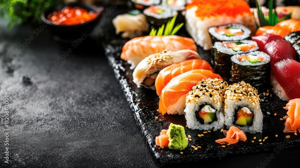 Japanese sushi platter featuring a variety of nigiri and maki rolls on a black slate plate for food photography and menu design. Japanese sushi platter featuring a variety of nigiri and maki rolls on a black slate plate for food photography and menu design.
