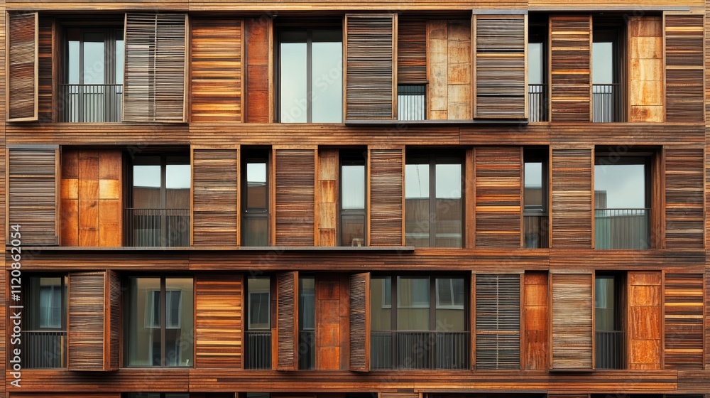 Contemporary apartment facade featuring wooden panels and sleek windows against a cloudy sky backdrop in an urban setting Contemporary apartment facade featuring wooden panels and sleek windows against a cloudy sky backdrop in an urban setting