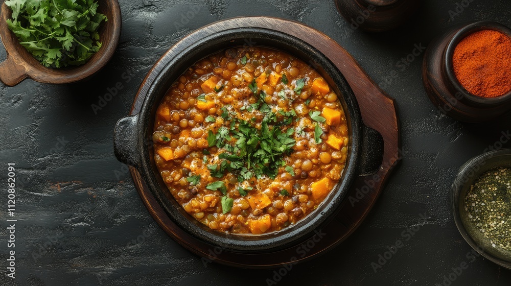 Traditional Spanish lentil stew served in a rustic bowl with fresh herbs and spices on a dark textured background top view Traditional Spanish lentil stew served in a rustic bowl with fresh herbs and spices on a dark textured background top view