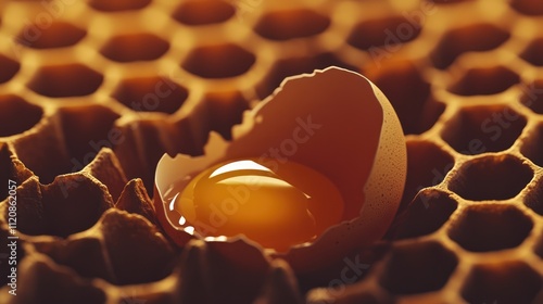 Egg yolk in broken eggshell on honeycomb pattern representing unique diet choices and individualism in nutrition. photo