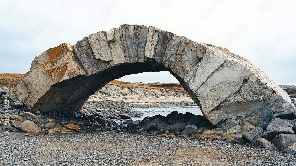 Fototapeta premium Natural stone arch formation at coastal landscape with rugged textures and serene atmosphere under cloudy sky
