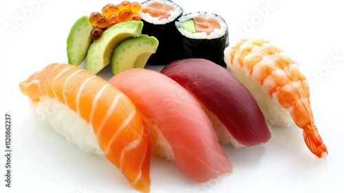 Delicious Sushi Platter featuring Salmon Tuna Eel and Cream Cheese Maki Rolls with Fresh Ingredients Isolated on White Background photo