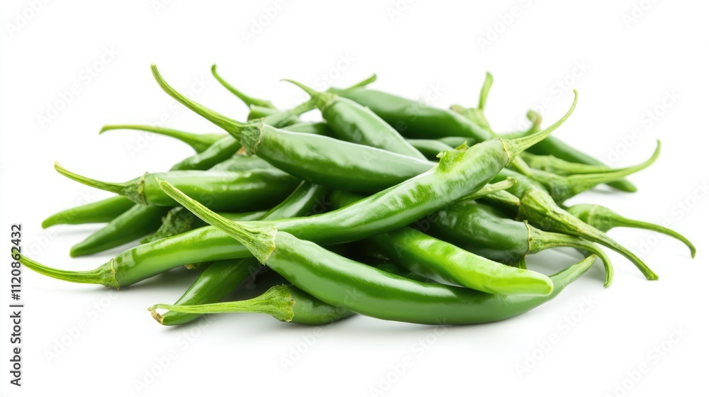 Fresh green chili peppers piled against a clean white background highlighting their vibrant color and texture for culinary or spice-related themes. Fresh green chili peppers piled against a clean white background highlighting their vibrant color and texture for culinary or spice-related themes.