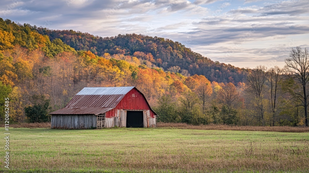 Red Barn Surrounded by Lush Forest and Mountains in Serene Rural Landscape During Autumn Evening Light Red Barn Surrounded by Lush Forest and Mountains in Serene Rural Landscape During Autumn Evening Light