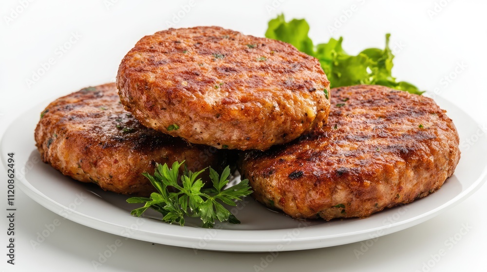 Grilled meat cutlets beautifully plated with fresh greens on a clean white background for culinary presentation and food advertising. Grilled meat cutlets beautifully plated with fresh greens on a clean white background for culinary presentation and food advertising.