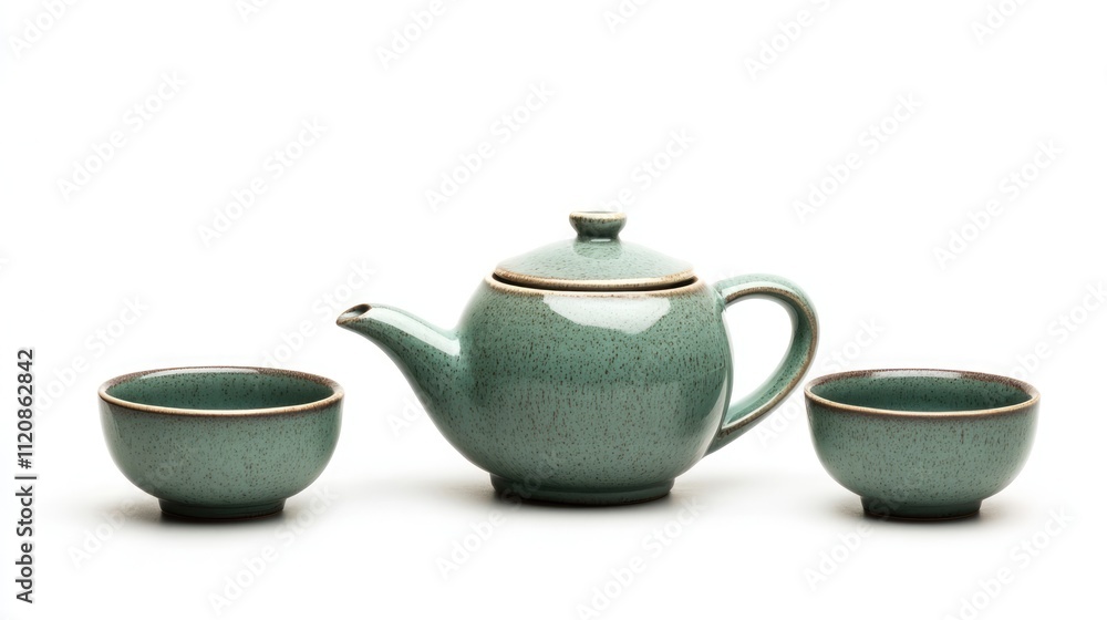 Traditional Kokeicha Green Tea Set with Teapot and Bowls on White Background for Cultural and Beverage Article Traditional Kokeicha Green Tea Set with Teapot and Bowls on White Background for Cultural and Beverage Article