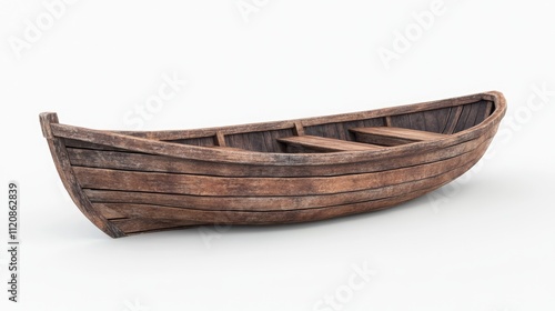 Weathered wooden boat with rustic texture and worn paint, displayed on a neutral background, ideal for vintage themes, nautical aesthetics, craftsmanship, maritime elements. photo