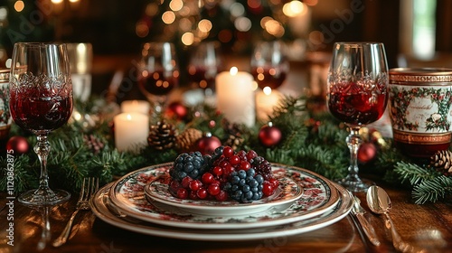 Elegante Mesa de Gala para Celebración Navideña: Decoración con Copas de Cristal y Velas Rojas