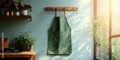 Green waterproof garden apron hanging on wooden crossbar on white wall with soft natural light photo