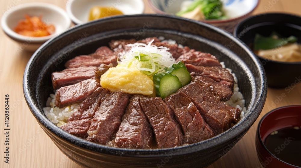 Savoring traditional Japanese gyudon featuring tender beef slices served over rice with garnishes in an authentic setting. Savoring traditional Japanese gyudon featuring tender beef slices served over rice with garnishes in an authentic setting.