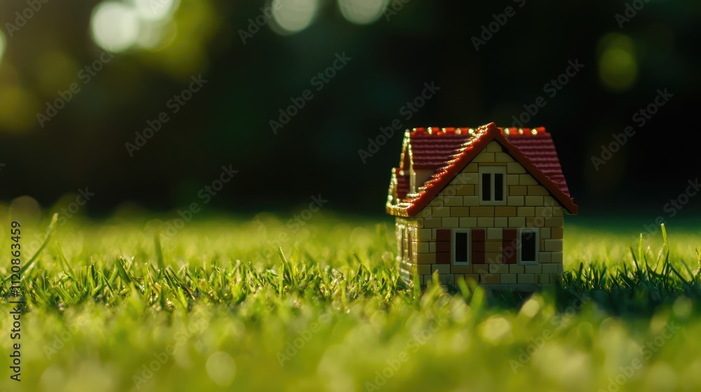 Miniature house model made of bricks on lush green grass representing real estate building and purchasing concepts selective focus design Miniature house model made of bricks on lush green grass representing real estate building and purchasing concepts selective focus design