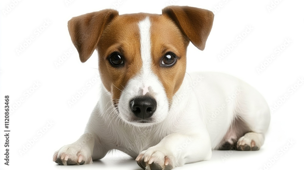 Jack Russell Terrier resting calmly on a white background showcasing its expressive eyes and playful personality. Jack Russell Terrier resting calmly on a white background showcasing its expressive eyes and playful personality.