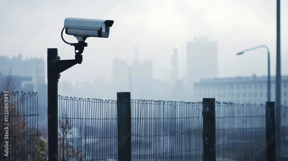 CCTV security camera monitoring industrial zone with iron fence against grey sky cityscape backdrop indicating enhanced surveillance and protection CCTV security camera monitoring industrial zone with iron fence against grey sky cityscape backdrop indicating enhanced surveillance and protection
