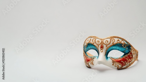 Elegant masquerade mask with intricate designs placed on a minimalist white background ideal for festive or artistic themes. photo