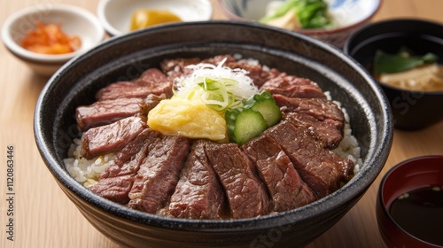 Savoring traditional Japanese gyudon featuring tender beef slices served over rice with garnishes in an authentic setting.