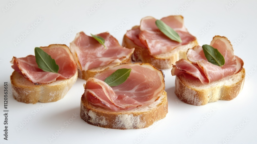 Tapas Platter with Bread Slices Topped with Cured Ham and Fresh Herbs Traditional Spanish Appetizer Presentation Tapas Platter with Bread Slices Topped with Cured Ham and Fresh Herbs Traditional Spanish Appetizer Presentation
