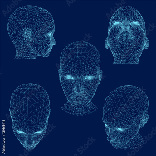 Set of 3D Female Polygon Wireframe Head. Vector illustration.