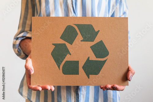 Fototapeta Female hands holding signboard recycling reusing zero waste circular arrow go gr
